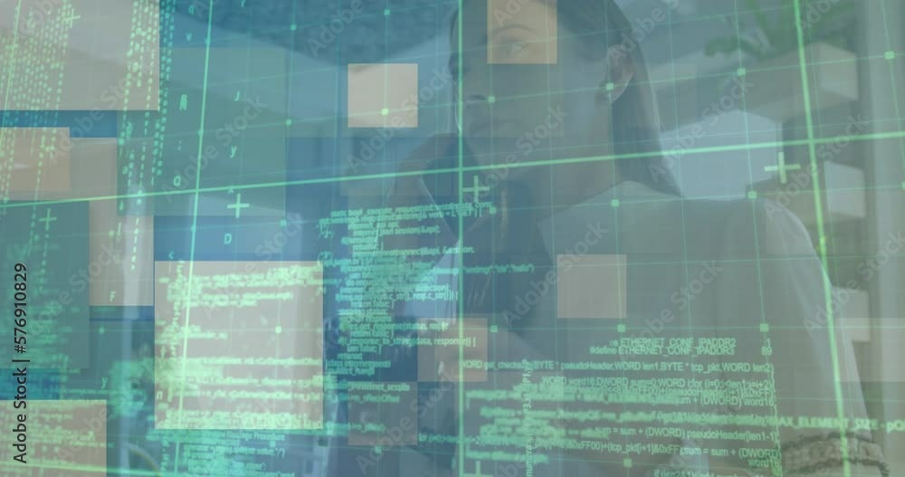 Poster animation of data processing over caucasian woman using smartphone