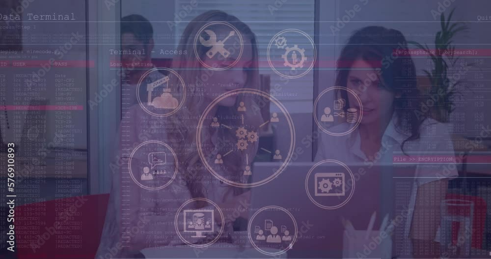 Poster animation of data processing with network of connections over diverse business women using laptop