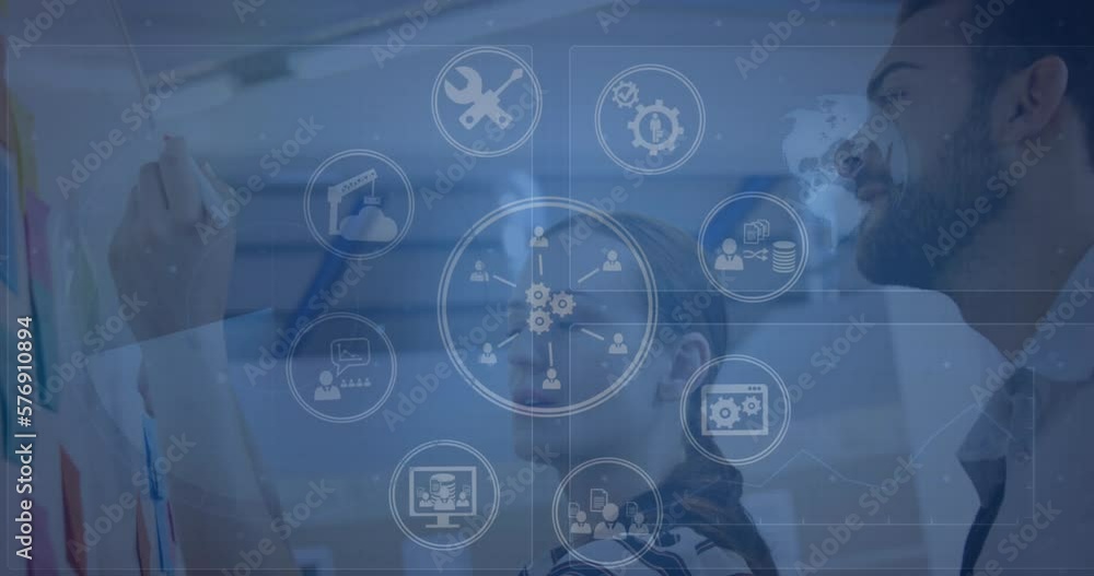 Aufkleber animation of data processing with icons and network of connections over diverse business people