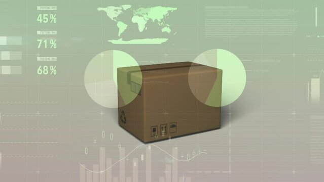 Animation of financial data processing over cardboard box
