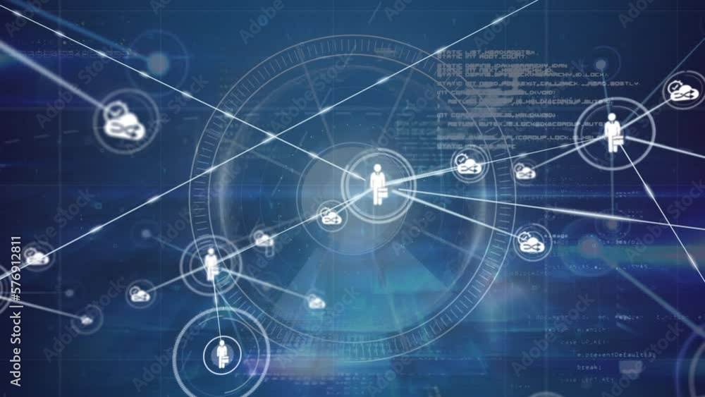 Poster animation of network of connections with icons and data processing on blue background