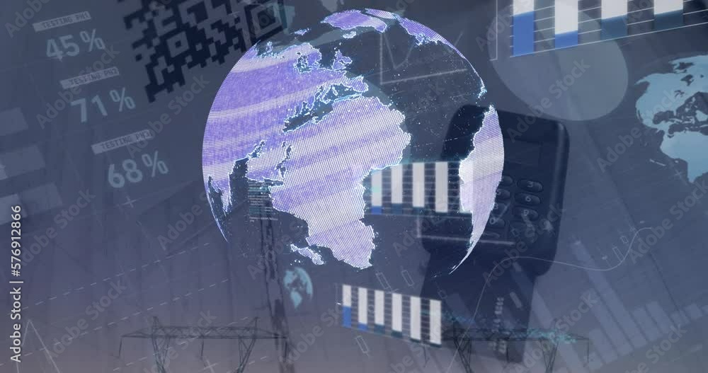Poster animation of financial data processing and globe over payment terminal and electricity pylons