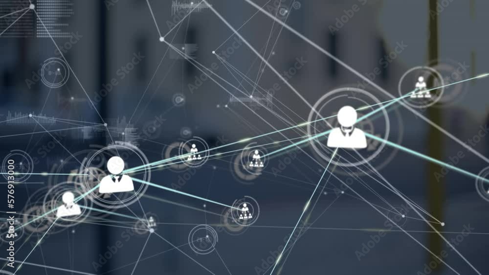 Poster animation of network of connections with icons and data processing over street with cars