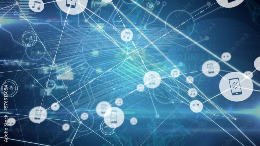Poster animation of network of connections with icons and data processing on blue background