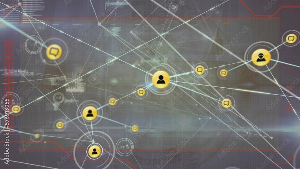 Poster animation of network of connections with icons and data processing over cityscape