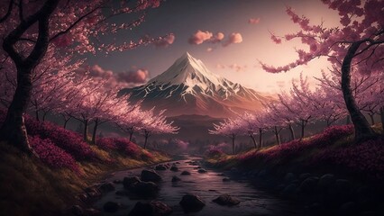 Cherry Blossom Sakura Tree near Mount Fuji Japan