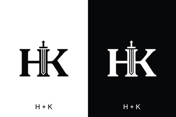 Letter HK with sword combination concept on black and white background. Very suitable for symbol, logo, company name, brand name, personal name, icon and many more.
