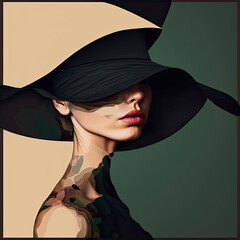 neutral tone woman with large brim hat over half her face, generative AI  finalized in Photoshop by me 