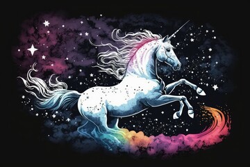 Obraz na płótnie Canvas One white magical unicorn stallion ride across a galaxy of aurora nebula and stars in Mystic Unicorn. Generative AI