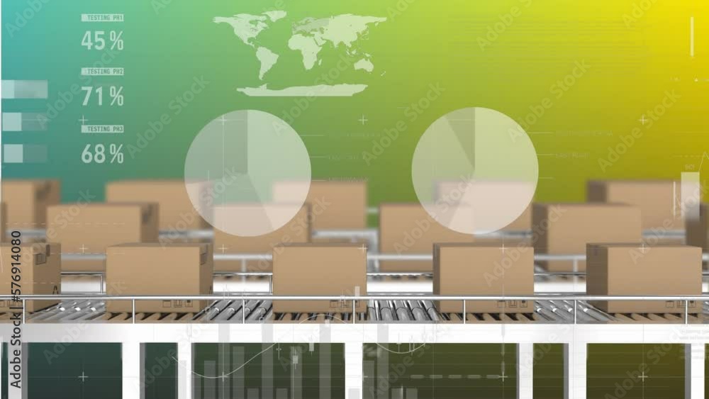 Poster animation of world map, multiple graphs and reports over cardboard boxes moving on conveyor belt