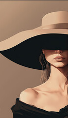 neutral tone woman with large brim hat over half her face, generative AI  finalized in Photoshop by me 