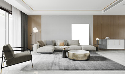 Mock up poster frame in modern living room interior. 3D illustration