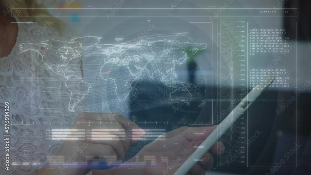 Poster animation of world map and data processing over biracial businesswoman using tablet