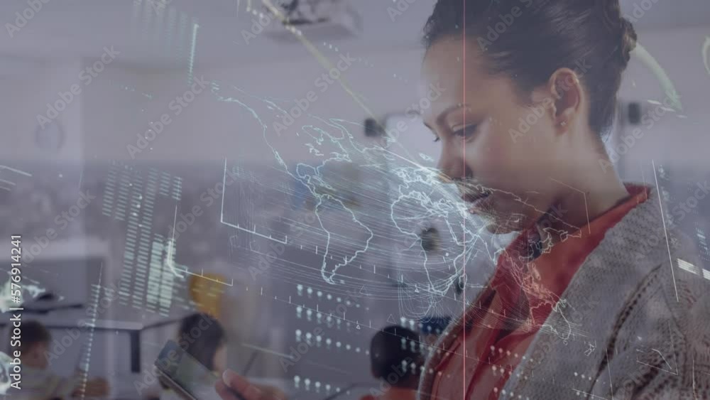 Poster animation of world map and data processing over biracial businesswoman using tablet