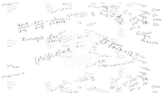 Animation of mathematical equations and data processing over white background