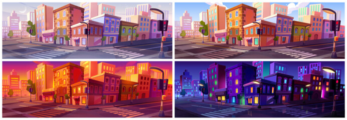 City street set at night and day time cartoon landscape. Urban modern landscape background with intersection on road, pavement and sidewalk. Neon light from store at sunrise and dusk. - obrazy, fototapety, plakaty