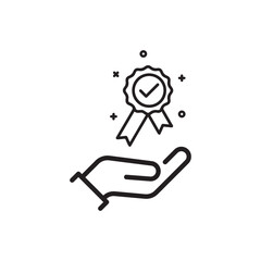Obraz premium thin line hand holding warranty certify icon. linear flat trend modern nice review logotype graphic design isolated on white. concept of grade seal with ribbon and scholarship license stamp or badge