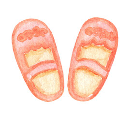 Pink baby shoes isolated on white background. Watercolor illustration. Cute kids Sandals