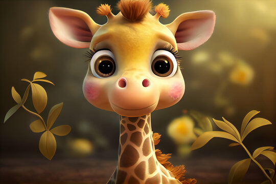 a cute adorable baby giraffe generative ai rendered in the style of children-friendly cartoon animation fantasy style
