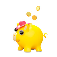 Yellow piggy bank wearing pink hat. Designed in minimal concept. Transparent background. 3D PNG Render.