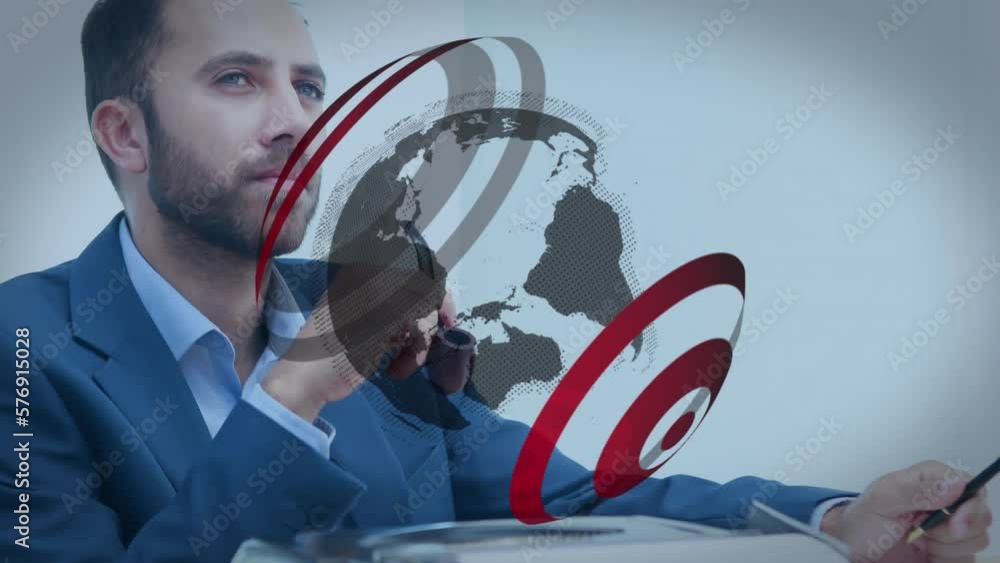 Poster animation of globe and data processing over caucasian businessman writing