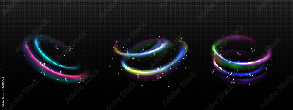 Poster realistic set of rainbow light motion effects isolated on transparent background. vector illustratio