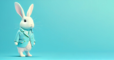 Cute little white Easter bunny in costume made of pastel Spring fashion clothes, Little rabbit, Pastel blue background, Illustration, Generative AI