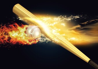 スポーツの概念で衝突する野球ボールと野球バットに火炎と爆発の効果を合成した3dイラスト