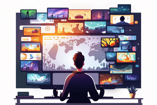 Illustration of a person using the internet for entertainment, with a variety of streaming options and recommendations displayed on the screen. Generative AI