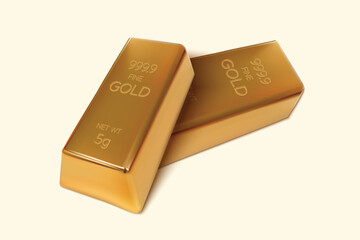 Two Gold bars on isolated background. 5gm Gold Ingot. 3D Render. Vector illustration.