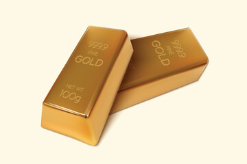 Two Gold bars on isolated background. 100gm Gold Ingot. 3D Render. Vector illustration.