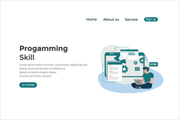 Programming skill concept, web engineer at work, vector images. programming Unique Illustration web site landing page template. vector design.