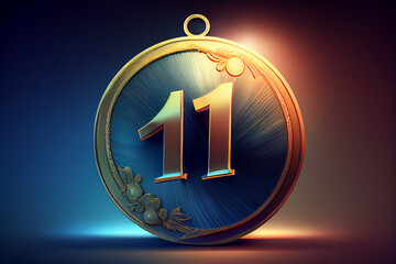 Digital illustration of gold medal with number 1, blue background. Generative AI