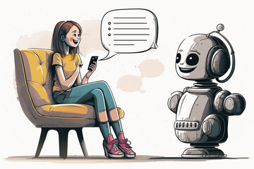 Chat GPT Artificial Intelligence copy writing chat bot by Open AI, cartoon style, talking to women or student using smart phone with message bubble. Generative AI.