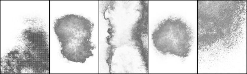 Set Of Black Halftone Texture On White Background. Modern Dotted Futuristic Backdrop. Fade Noise Overlay. Digitally Generated Image. Pop Art Style. Vector Illustration, Eps 10.