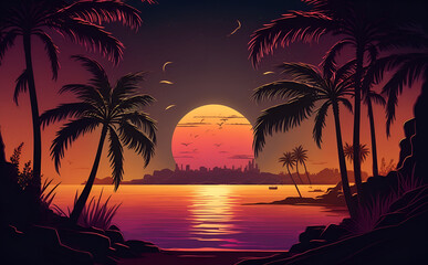 Beautiful nature with sunset over a calm ocean with palm trees. Generative AI