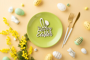 Easter cuisine concept. Top view photo of green plate with inscription happy easter knife fork colorful easter eggs ceramic easter bunnies and mimosa on isolated beige background