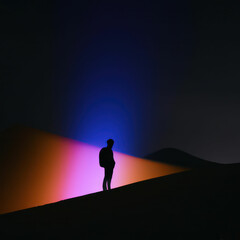 Fototapeta premium AI Generated illustration of silhouette of a person in a color lit desert at night.