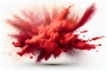 Explosion of red powder against a white background. cloud with color. Bright dust explodes. Color Holi. Generative AI