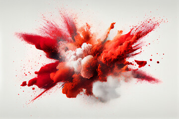 Explosion of red powder against a white background. cloud with color. Bright dust explodes. Color Holi. Generative AI