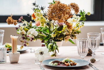 Easter table with nice flowers