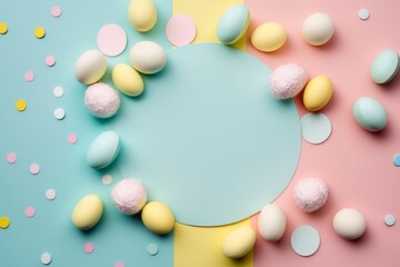 Happy Easter party concept with pastel pink and blue color background, top view photo of Easter bunny eggs, generative ai