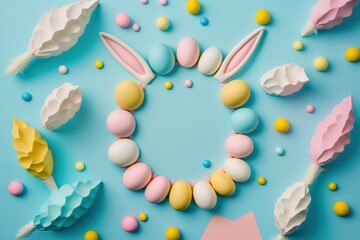 Happy Easter party concept with pastel pink and blue color background, top view photo of Easter bunny eggs, generative ai