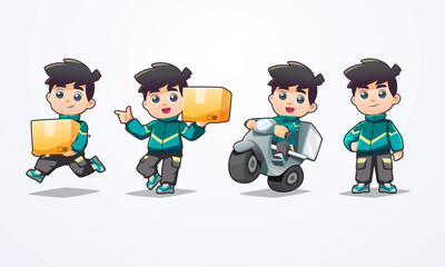 friendly mascot delivery man collection green yellow jacket