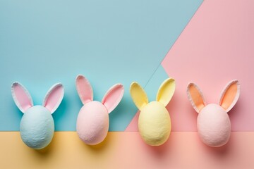 Happy Easter party concept with pastel pink and blue color background, top view photo of Easter bunny eggs, generative ai