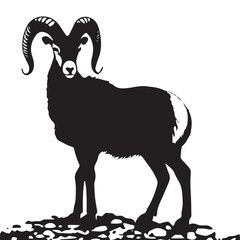 Argali, Silhouette of a goat with twisted horns. Flat illustration template. Vector graphics.