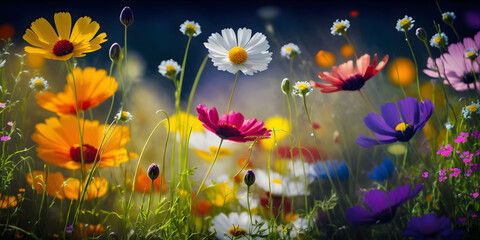 Fototapeta na wymiar A beautiful Illustration of a flower meadow in spring. Generative AI.