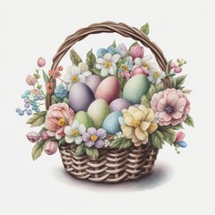 Watercolor illustration of Easter basket filled with beautiful pastel painted Easter eggs and pastel flowers, generative ai