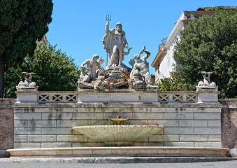 Fountain of Neptune, Fontana del Nettuno, at Peoples Square, Piazza del Popolo in Rome, Italy, made by Giovanni Ceccarini in 19th century. © Zoran Karapancev