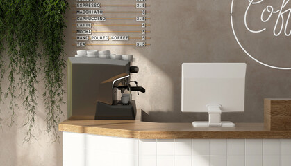 Modern, luxury design wooden countertop cafe with espresso machine, computer cash register, green tropical creeper plant in sunlight on beige brown stucco wall, cement floor. Interior background 3D